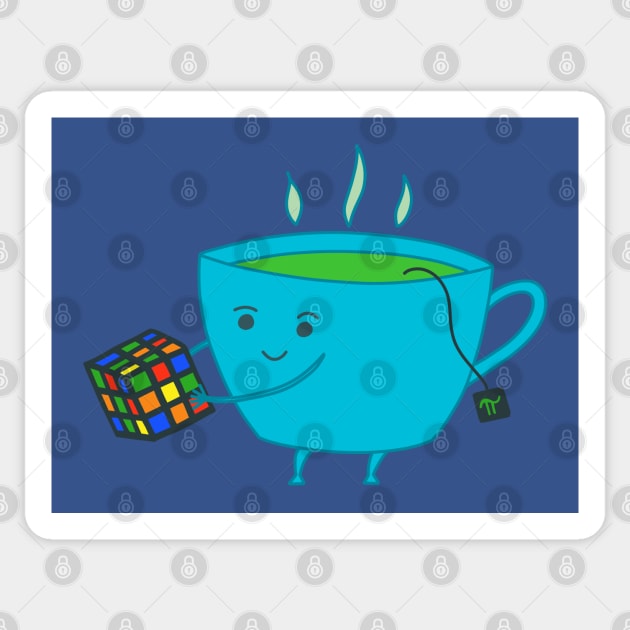 A Cup of Tea Solves Everything - cute and fun tea cup on blue Sticker by Green Paladin